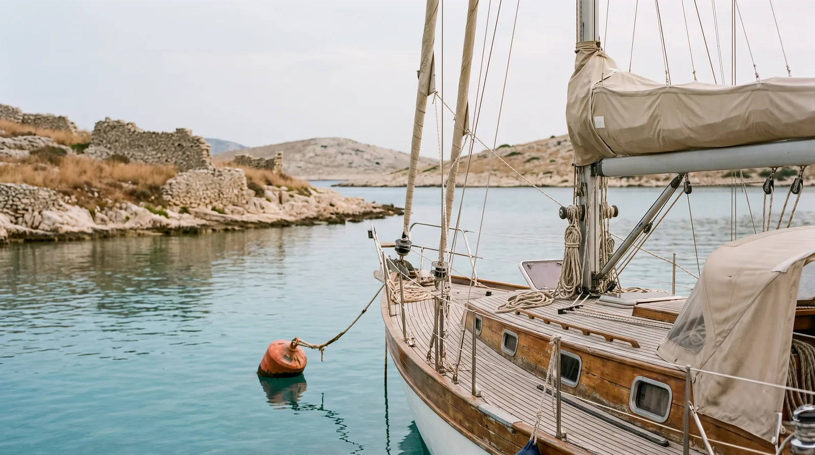 Velero bien cuidado amarrado a una boya en una cala tranquila entre islas rocosas, peladas y claras con viejos muros de piedra seca