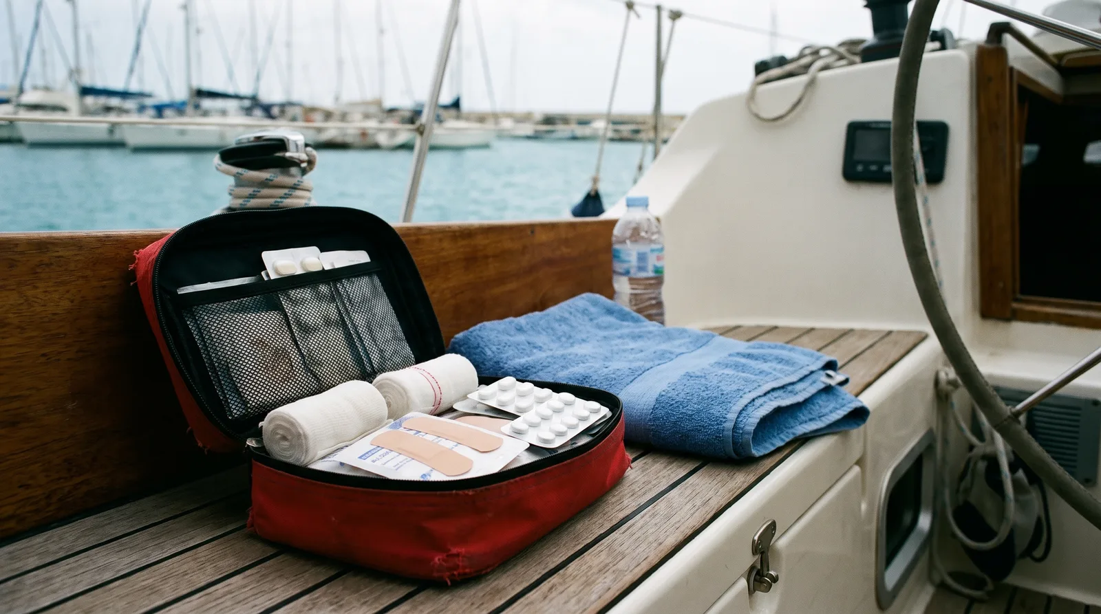 Botiquín rojo abierto con vendas sobre el banco de la bañera de un velero en un puerto deportivo, al lado una toalla y una botella de agua