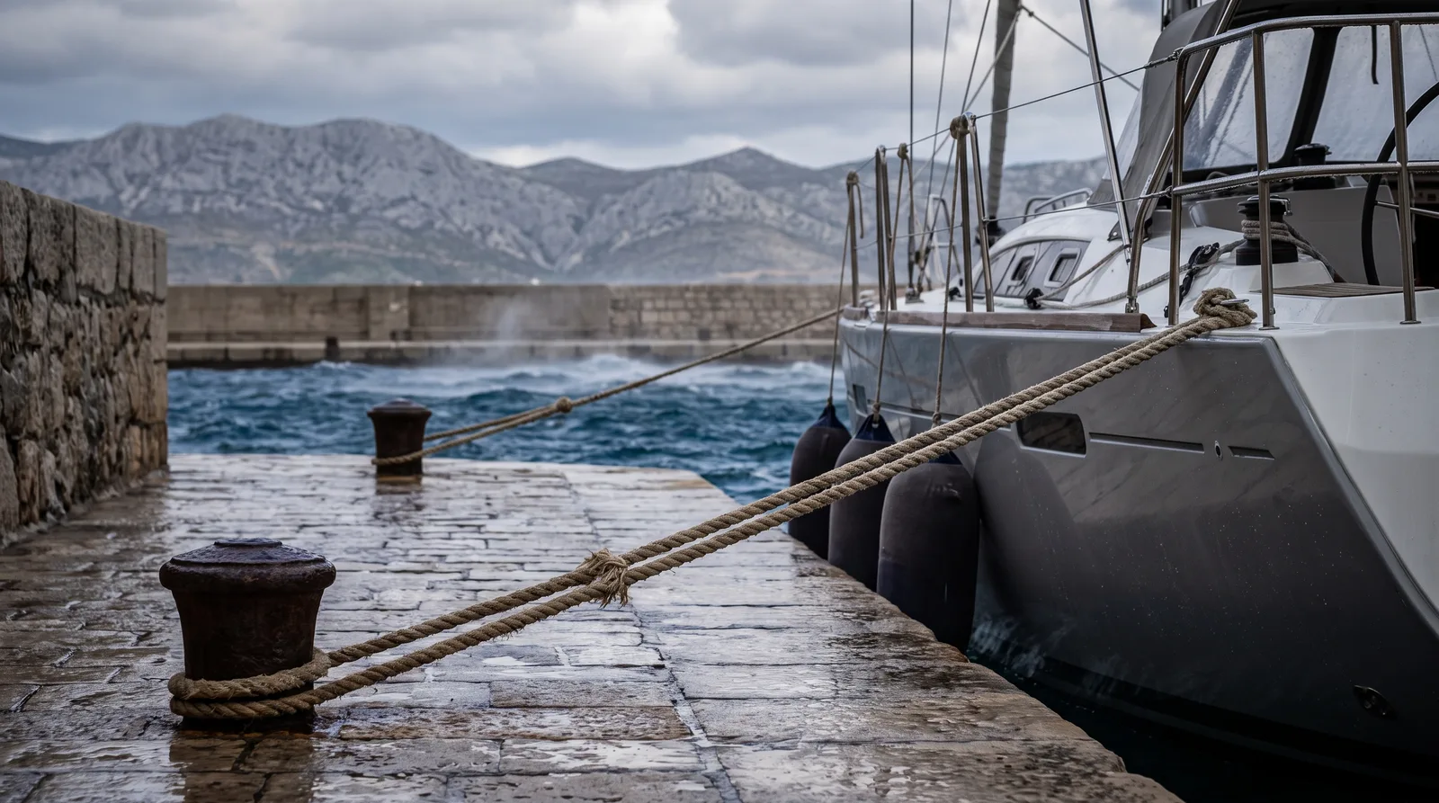 Cabos de amarre doblados en un muelle de piedra mojado hacia un velero bien cuidado con defensas, mar revuelto tras el espigón y montañas desnudas