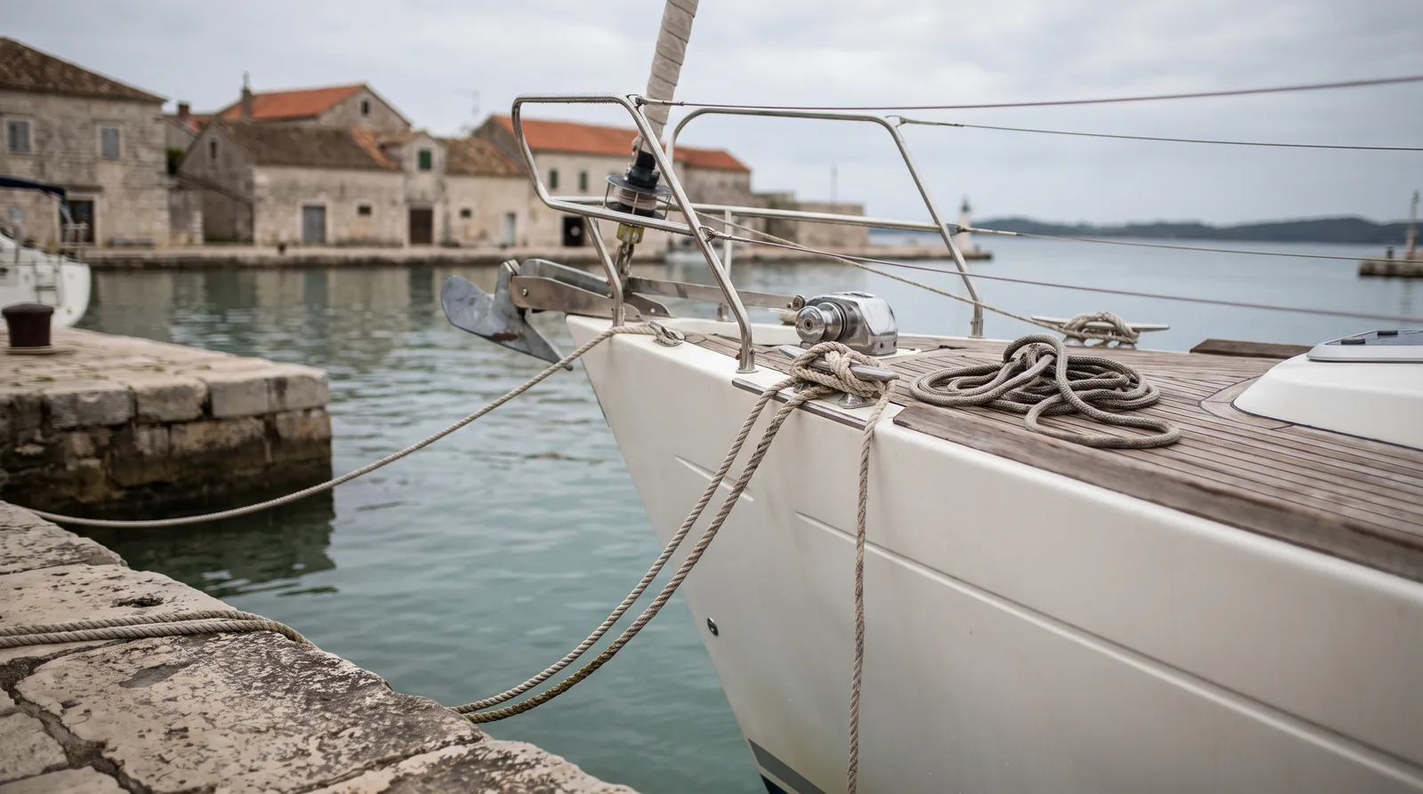 Proa de un velero de chárter blanco atracado junto a un viejo muelle de piedra en un pequeño puerto del Adriático
