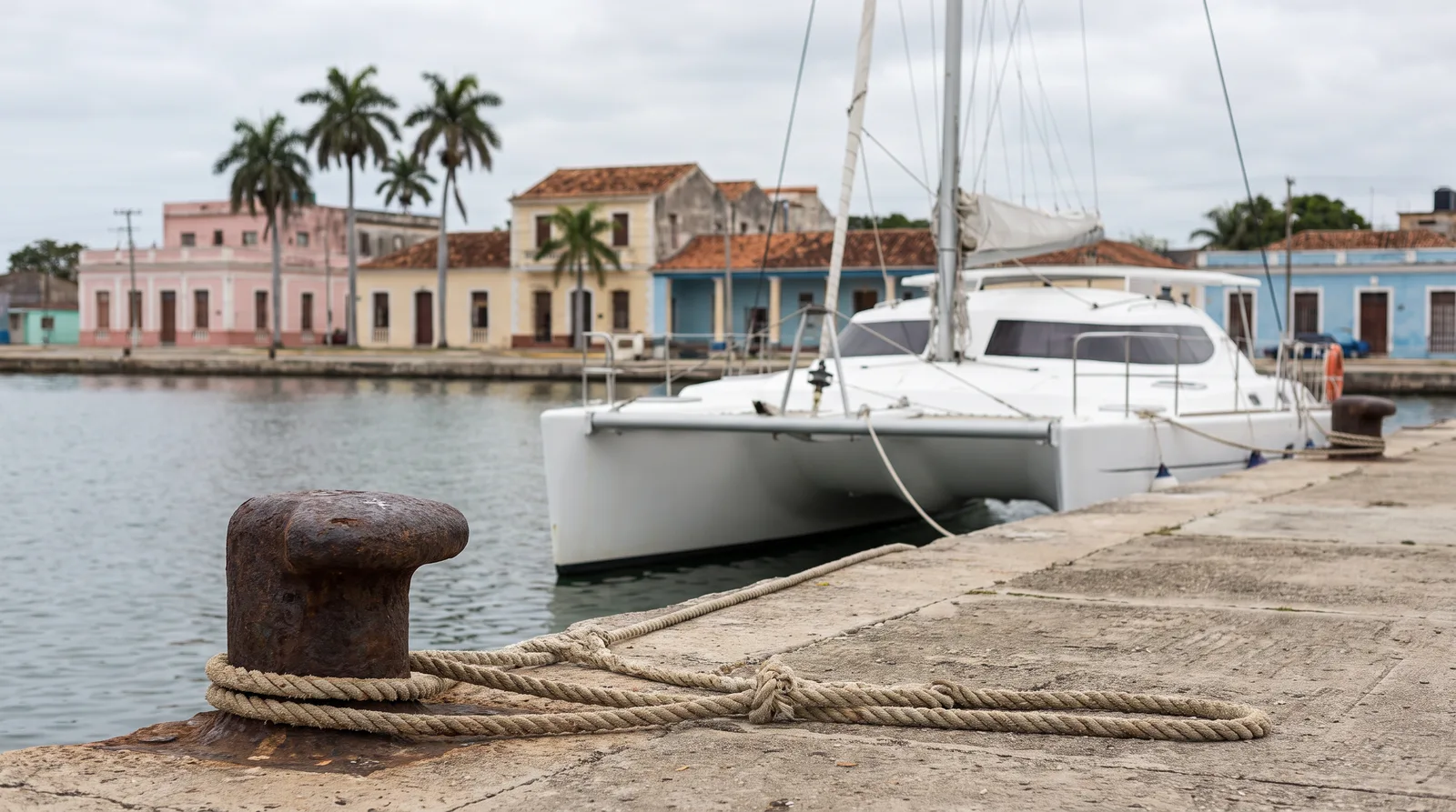 Catamarán de vela blanco abarloado a un muelle en Cuba con casas coloniales y palmeras detrás