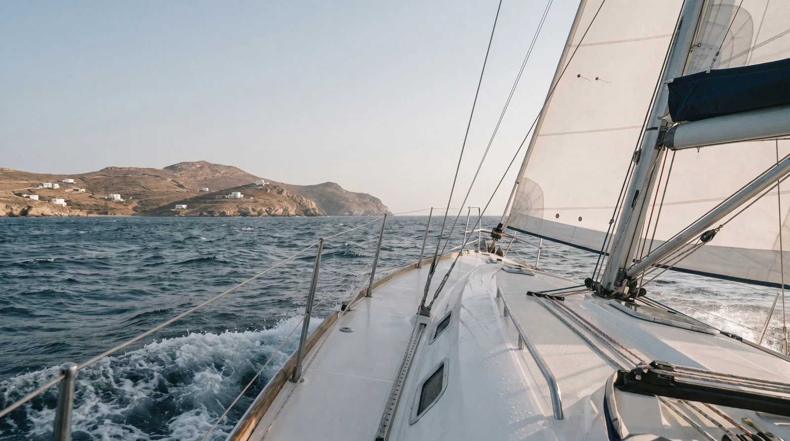 Vista sobre la cubierta de proa de un velero bien cuidado con viento fresco del norte frente a una isla árida de las Cícladas con casas blancas
