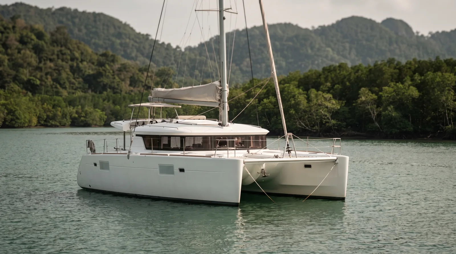Catamarán de chárter blanco y bien cuidado fondeado en una bahía tranquila ante colinas boscosas y una orilla de manglares