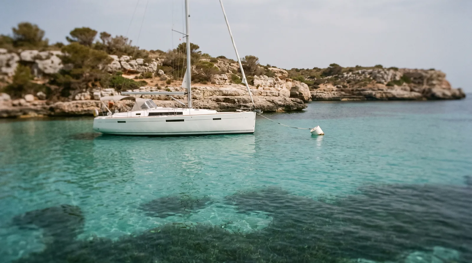 Velero bien cuidado amarrado a una boya blanca en una cala de agua clara, con una pradera oscura de posidonia sobre el fondo de arena