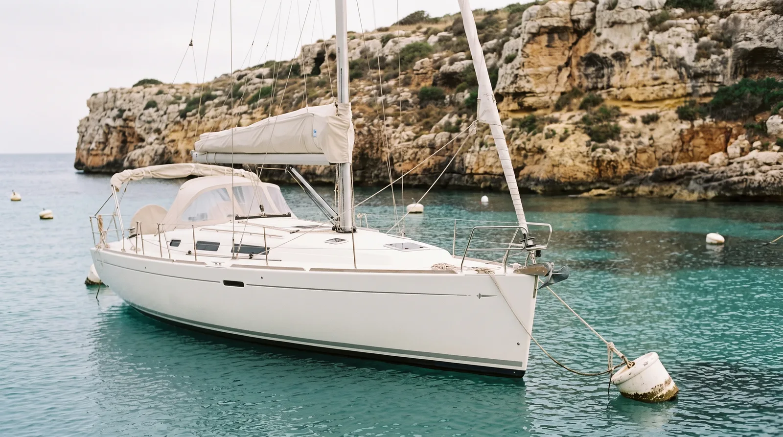 Barco de chárter bien cuidado amarrado a una boya en una cala de acantilados de caliza y agua turquesa en Malta