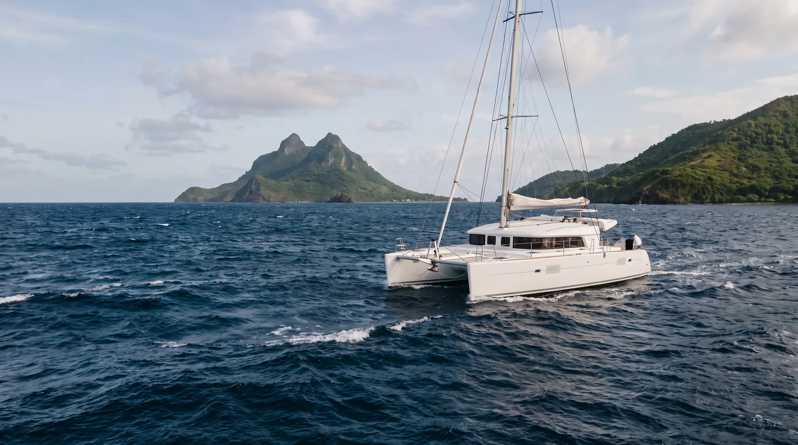 Catamarán de vela blanco en el canal abierto entre dos islas volcánicas verdes, al fondo dos picos puntiagudos, olas de alisio con borregos