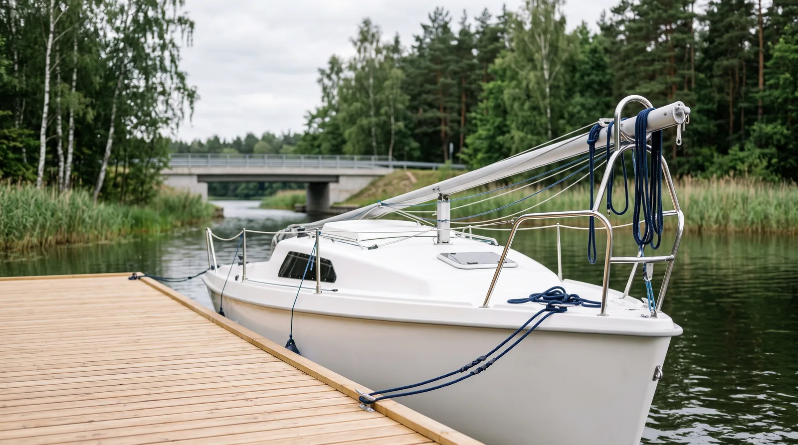 Velero pequeño bien cuidado con el mástil abatido junto a un pantalán de madera en Masuria, con un puente bajo al fondo
