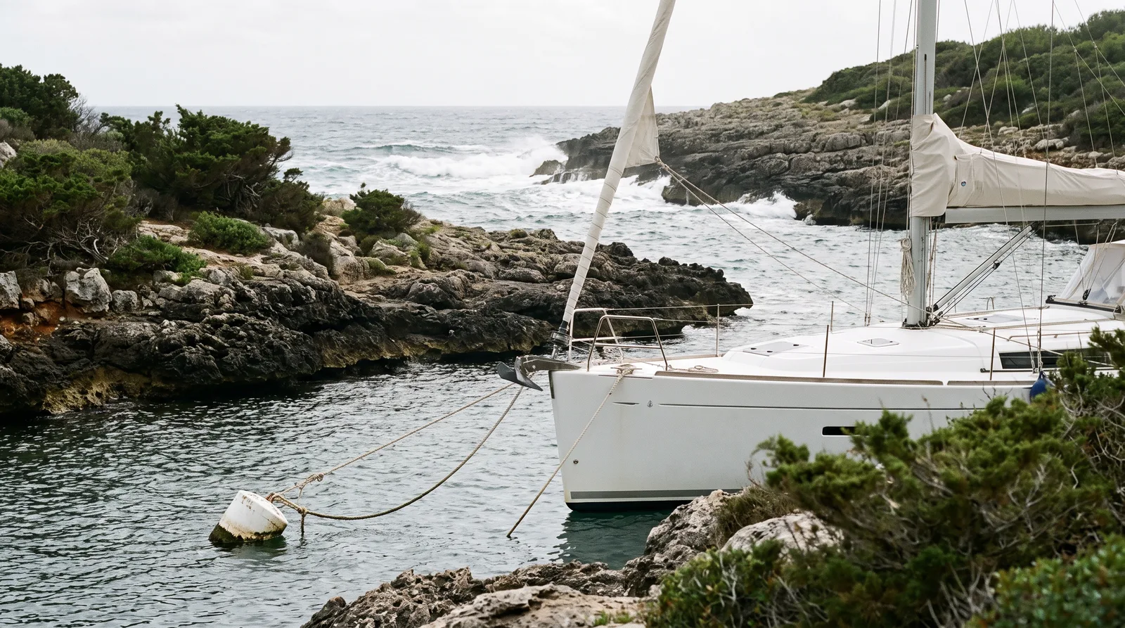 Velero amarrado a una boya en una cala rocosa de una costa abrupta