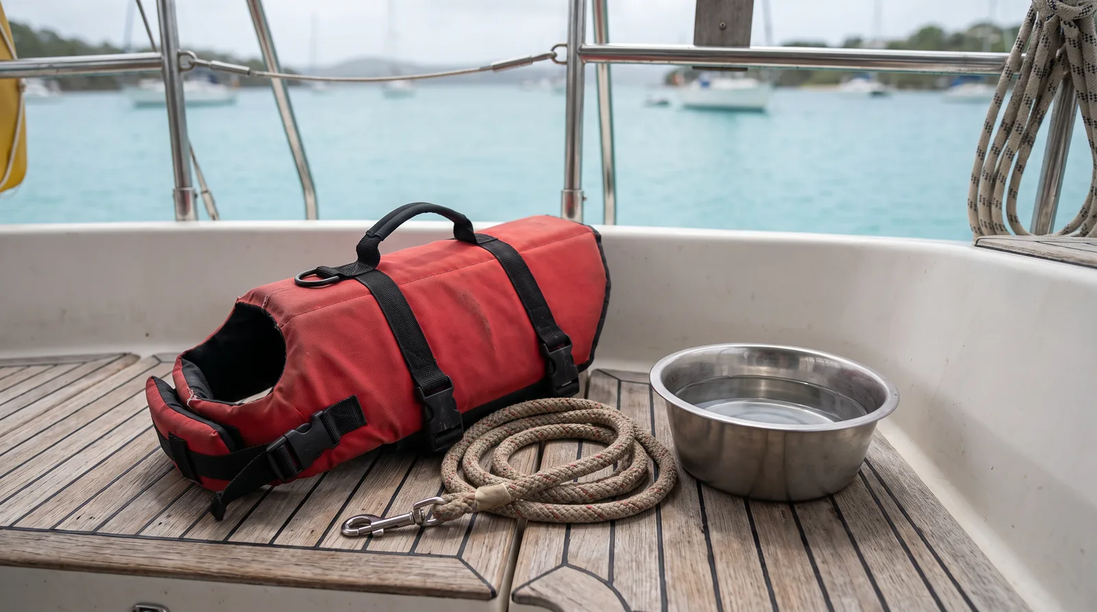 Chaleco salvavidas rojo para perro, correa enrollada y cuenco de acero inoxidable sobre la teca de la bañera de un velero