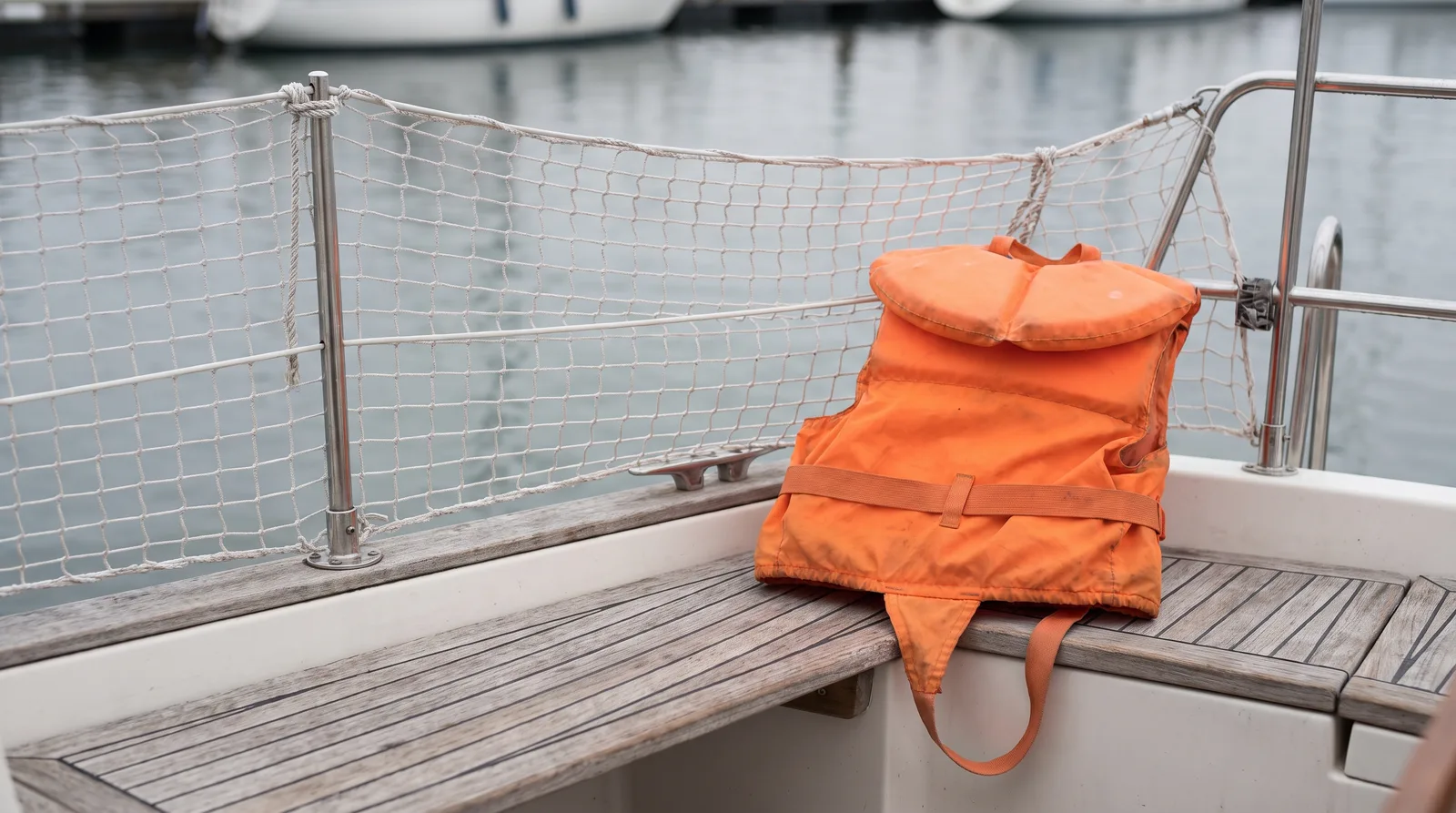 Un pequeño chaleco salvavidas infantil naranja con cinta de entrepierna sobre el banco de la bañera de un velero de chárter, con red en los guardamancebos