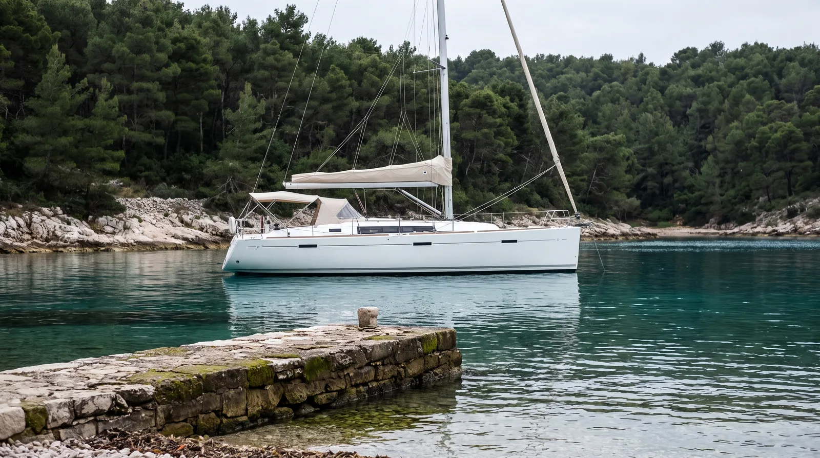 Velero fondeado en una cala verde y tranquila de una isla dálmata boscosa con un pequeño muelle de piedra
