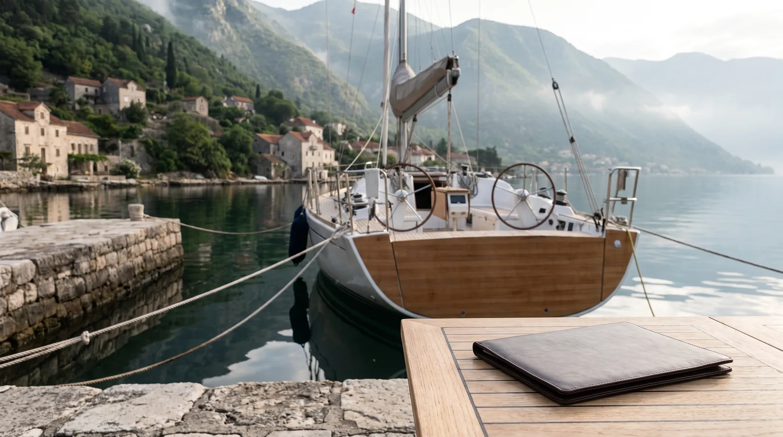 Velero bien cuidado amarrado de popa a un muelle de piedra en la bahía de Kotor, con montañas verdes y casas antiguas de piedra al fondo
