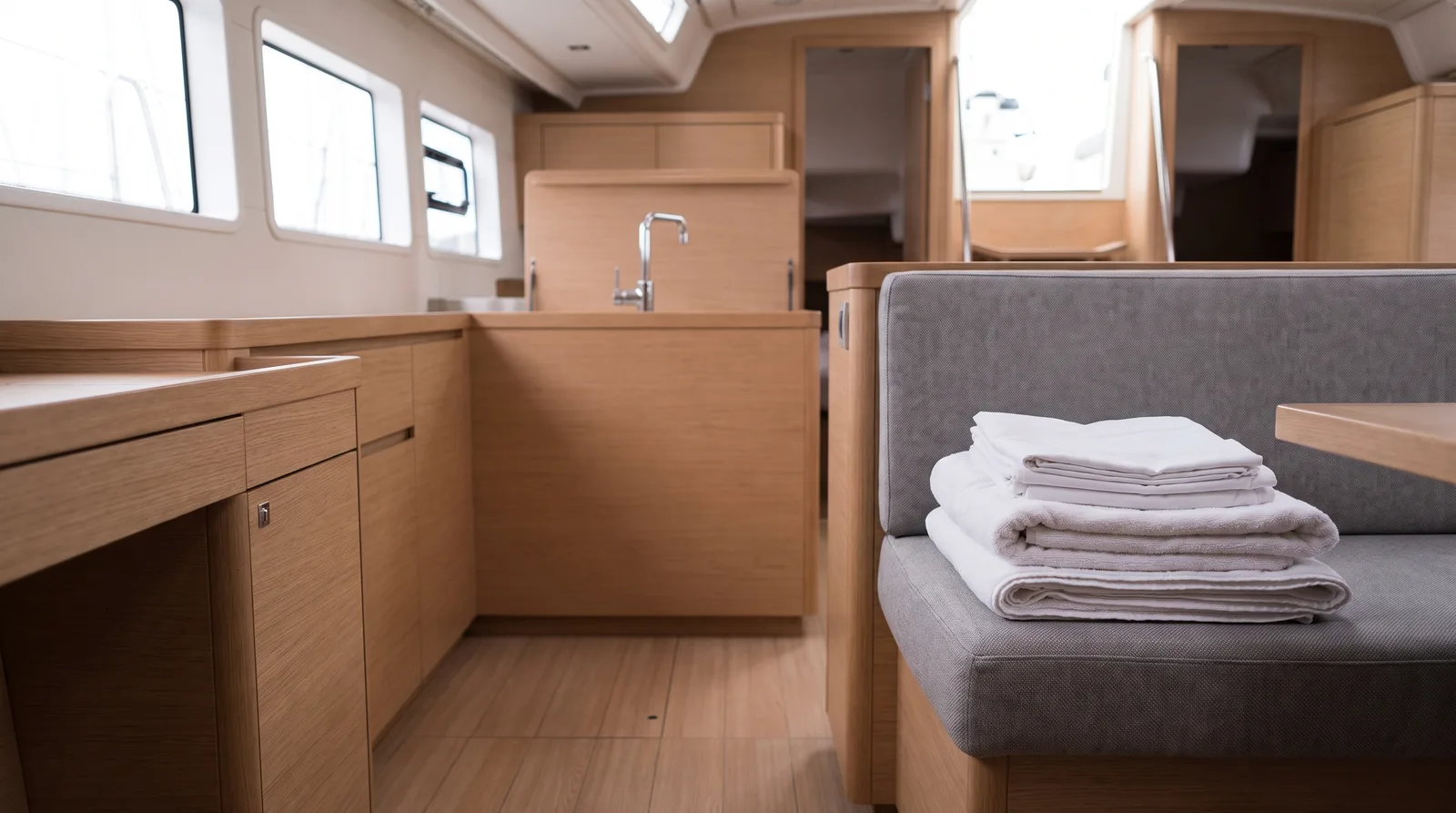Salón ordenado de un barco de chárter bien cuidado, en madera clara, con ropa de cama y toallas dobladas sobre el sofá