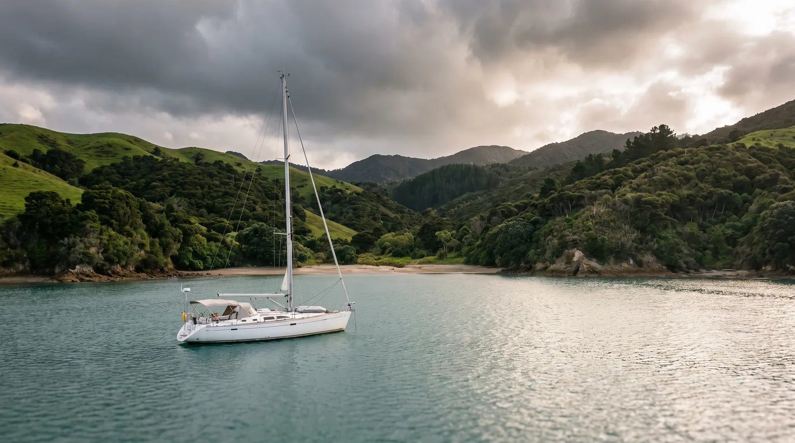 Velero cuidado fondeado en una cala tranquila con playa de arena y colinas verdes bajo las nubes oscuras de un frente