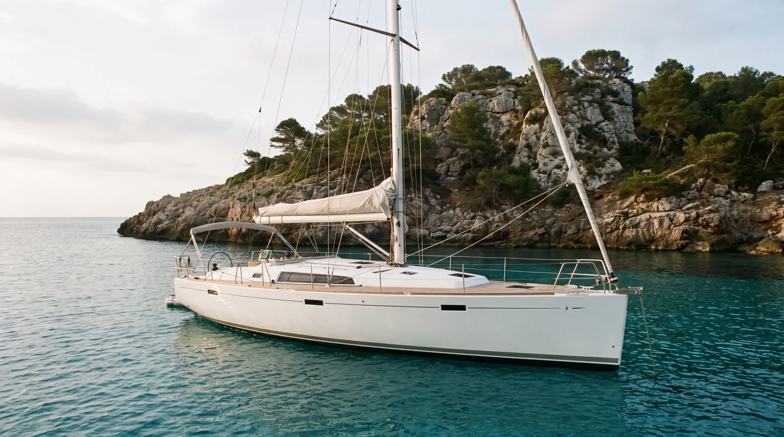 Velero bien cuidado fondeado en una cala turquesa bajo un cabo rocoso con pinos en una isla griega