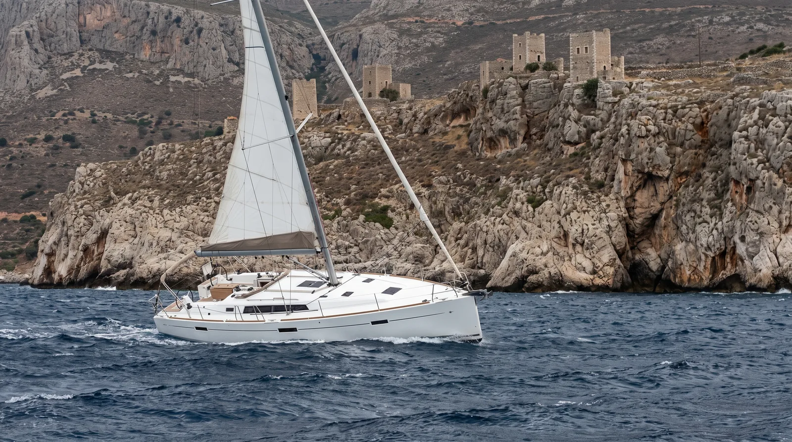Velero blanco navegando a vela frente a un cabo rocoso y árido con torres de piedra en la cresta