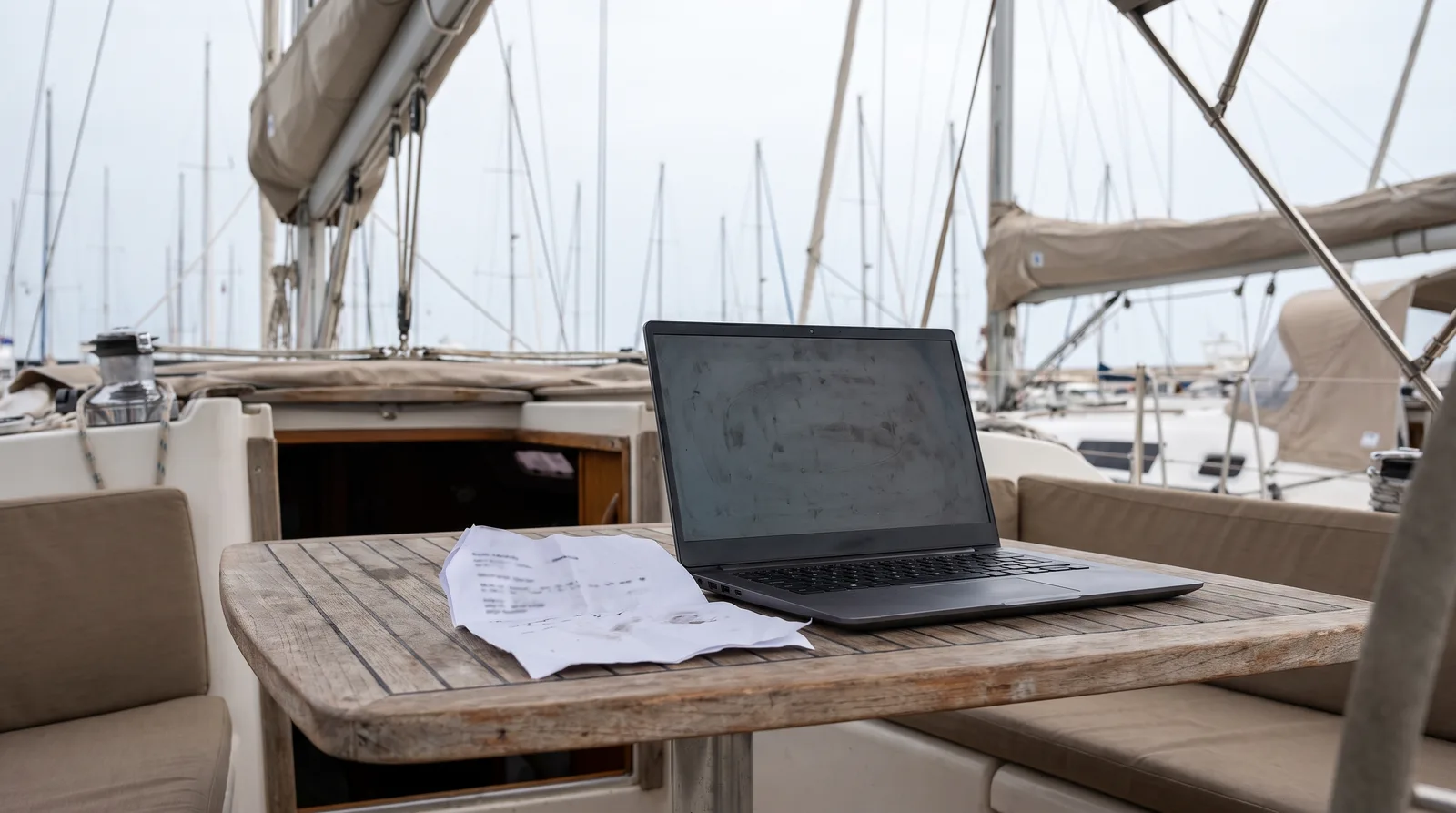 Portátil y una confirmación de reserva impresa sobre la mesa de la bañera de un velero en una marina del Mediterráneo