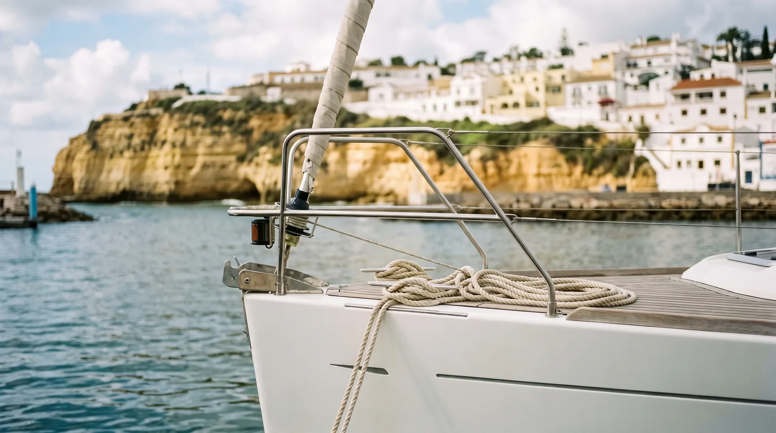 Proa de un velero bien cuidado en una marina del Algarve, con acantilados de arenisca dorada y casas blancas al fondo