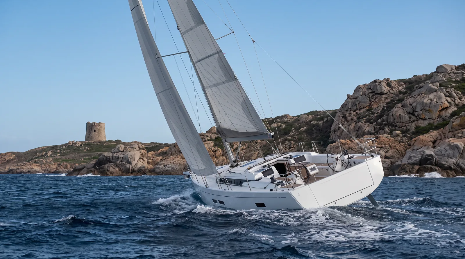 Velero blanco ciñendo frente a una costa de granito con una antigua torre, mar azul oscuro con borregos