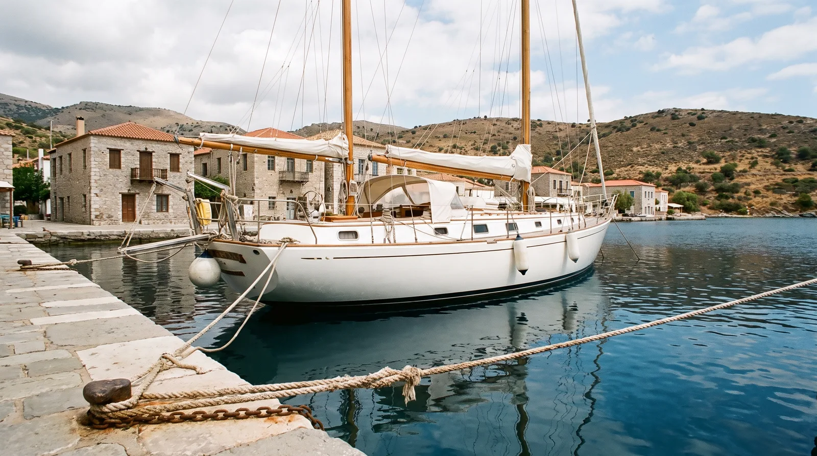 Velero blanco amarrado de popa a un muelle de piedra en un pequeño puerto de una isla griega con casas de piedra y colinas