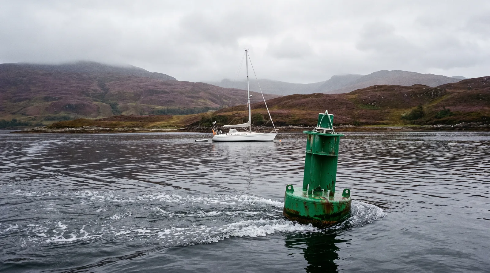 Velero bien cuidado fondeado en un loch de Escocia, con la corriente de marea pasando junto a una boya verde de canal