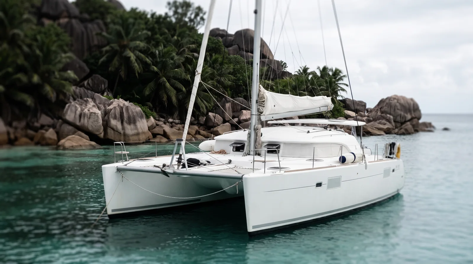 Catamarán de vela cuidado fondeado frente a una isla tropical con grandes rocas redondeadas de granito gris, palmeras y agua clara