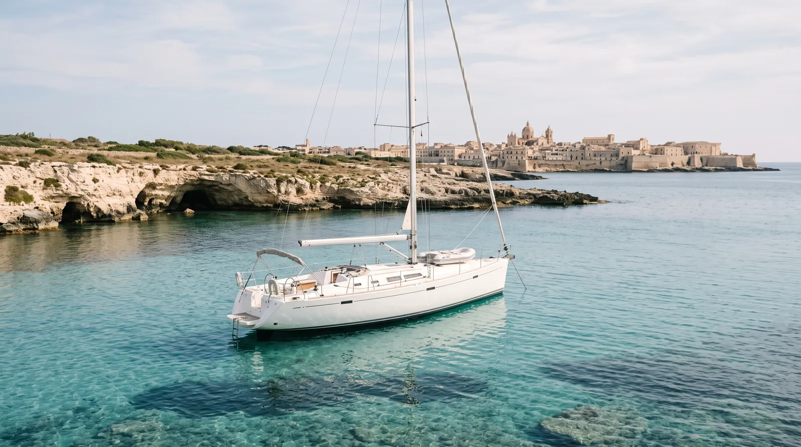 Velero blanco fondeado en agua turquesa frente a una costa caliza con cuevas, al fondo un casco antiguo con cúpulas de iglesias