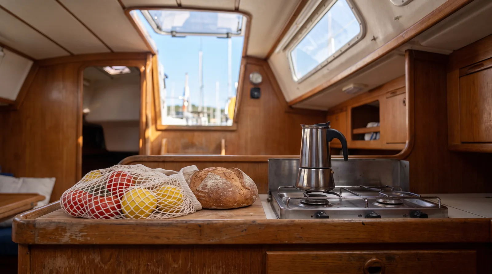 Cocina de un velero con pan, tomates y limones en una bolsa de red y una cafetera sobre el fogón, con una escotilla abierta encima