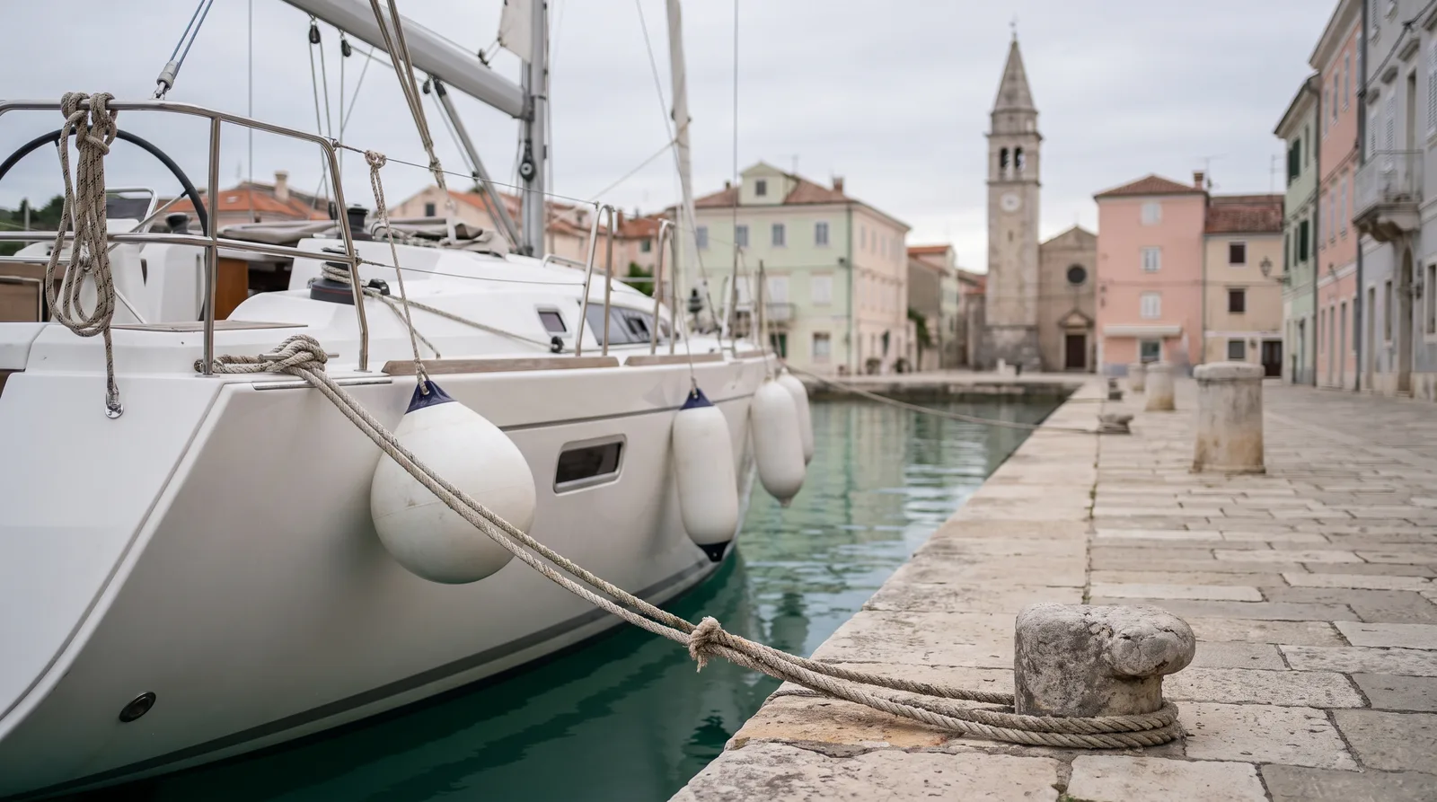 Velero bien cuidado abarloado a un muelle de piedra ante casas de colores pastel y un campanario en el Adriático