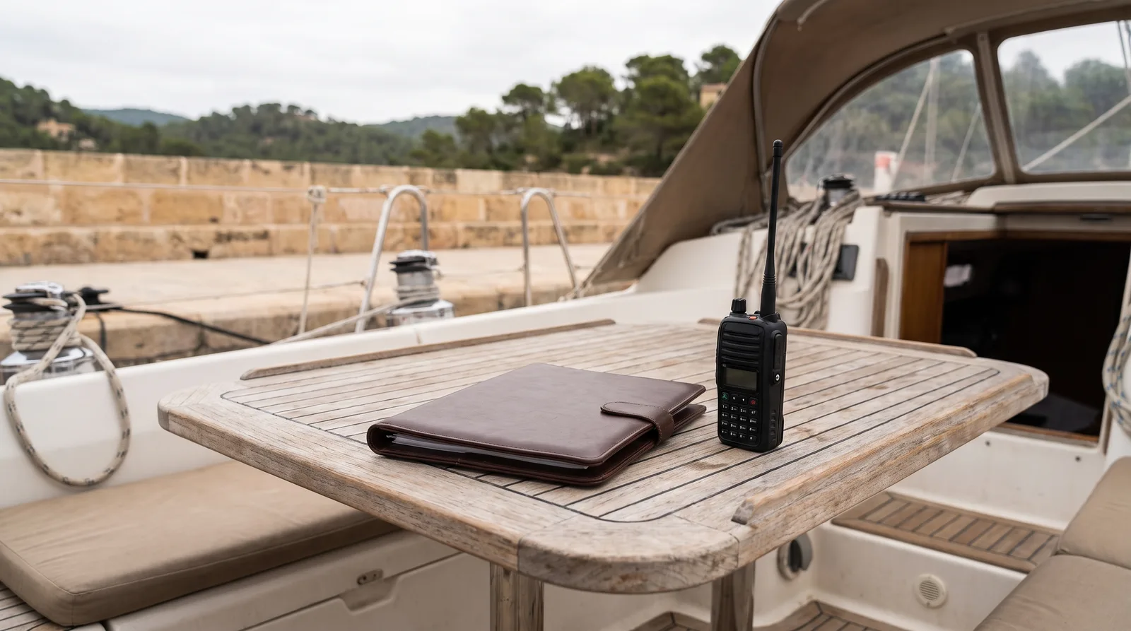 Bañera de un barco de chárter en un puerto de Baleares, una carpeta de documentos cerrada y una radio portátil sobre la mesa de teca
