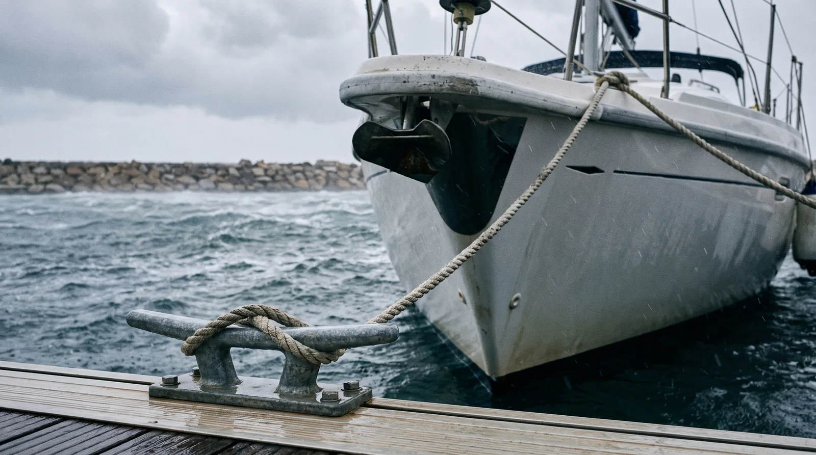 Proa de un velero en el pantalán con la amarra tensa sobre la cornamusa y mar agitado y gris tras el espigón