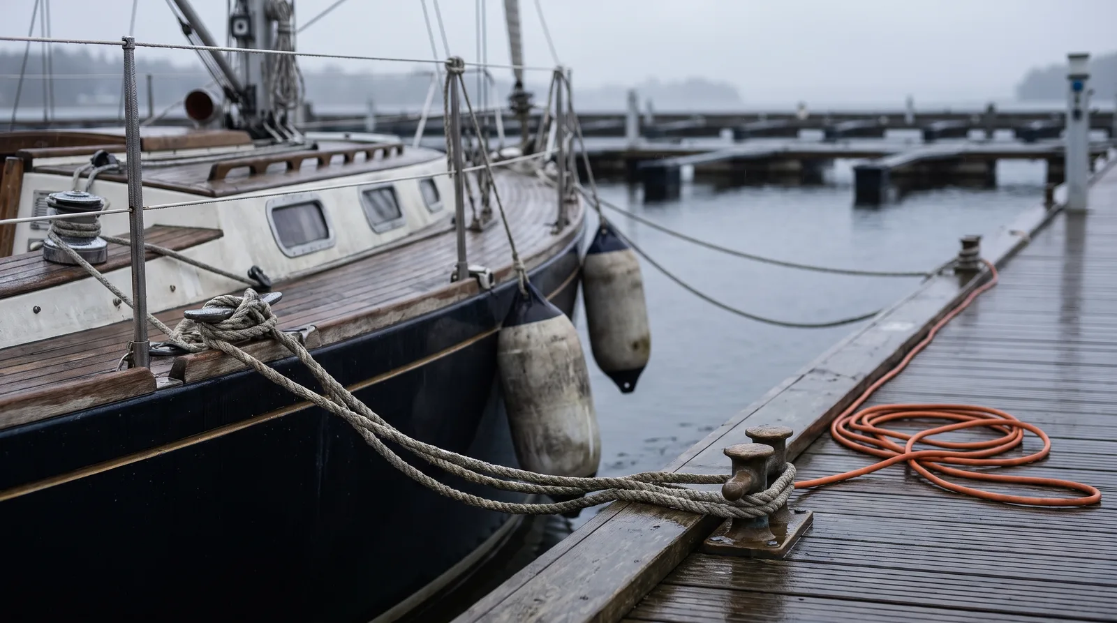 Un velero vacío amarrado a un pantalán entre niebla, las amarras hechas firmes en una cornamusa