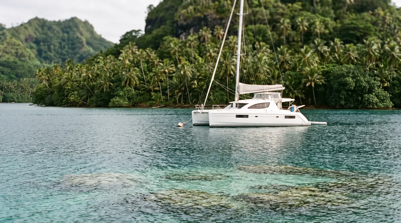 Catamarán de vela blanco en una boya en una laguna resguardada bajo islas tropicales verdes con palmeras y coral bajo el agua delante