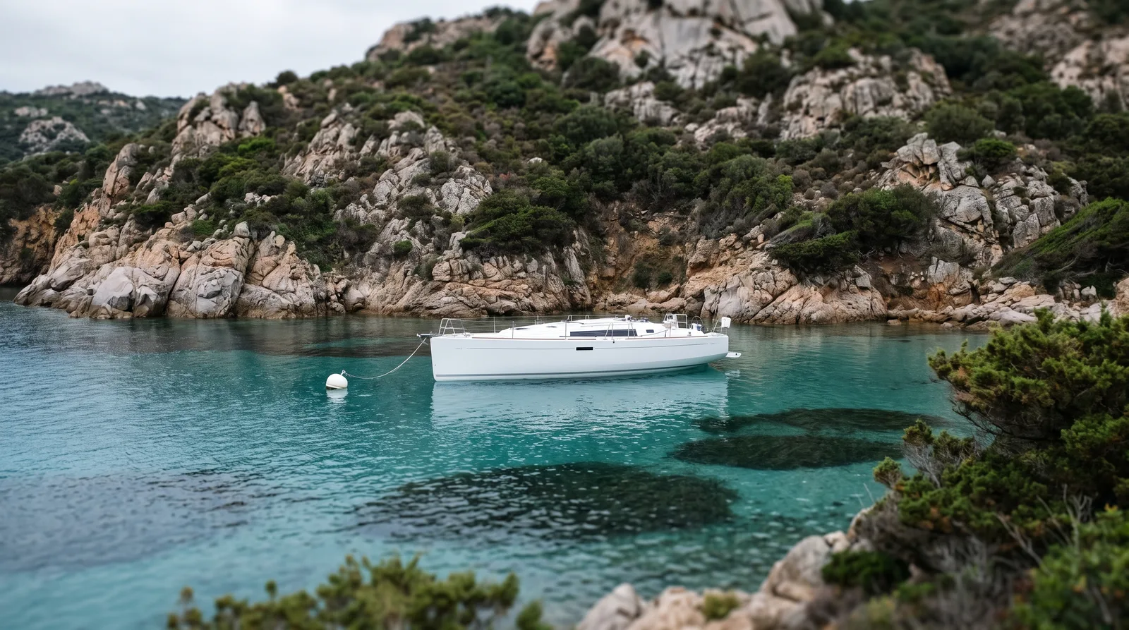 Velero bien cuidado en una boya blanca en una cala de granito con monte bajo y praderas oscuras de posidonia en el agua clara