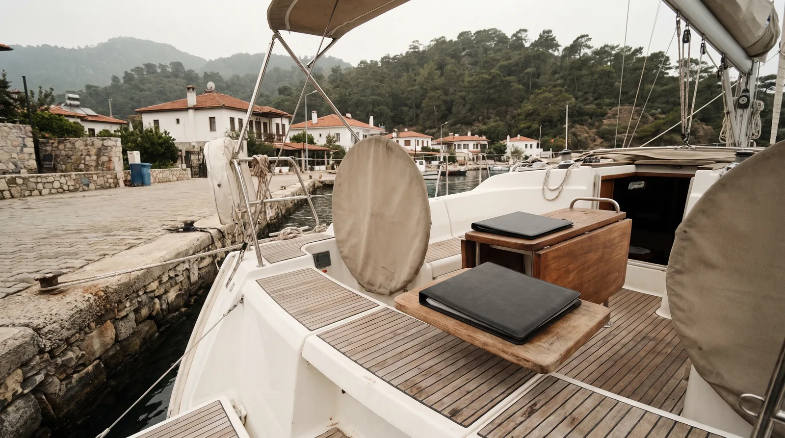 Velero blanco amarrado de popa a un muelle de piedra en un pequeño puerto del Egeo turco, con una carpeta de documentos cerrada en la mesa de la bañera