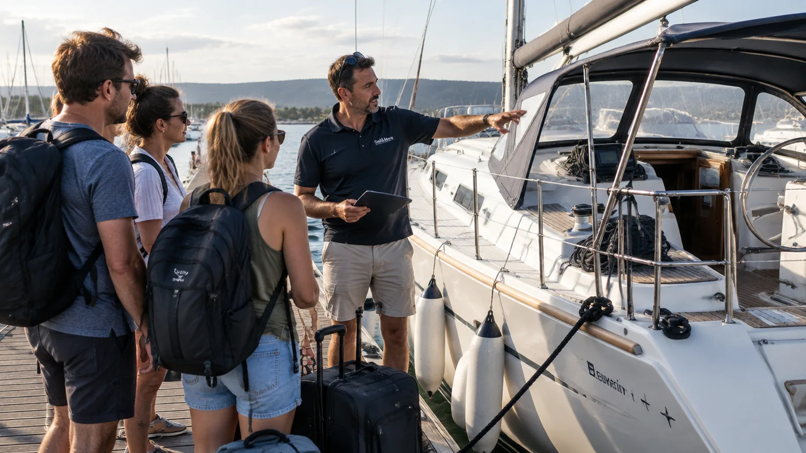 Un propietario entrega el barco en el pantalán a una tripulación con equipaje y repasa el contrato