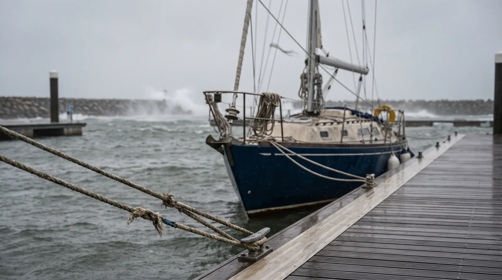 Un velero amarrado a un pantalán mojado con temporal de mar, rociones sobre el dique del puerto al fondo