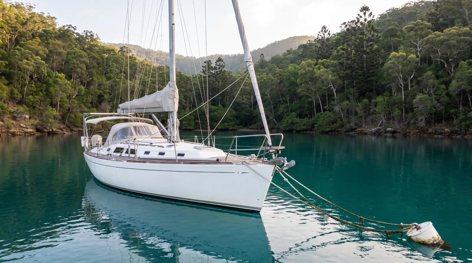 Velero cuidado amarrado a una boya en una bahía tranquila de agua turquesa rodeada de colinas boscosas
