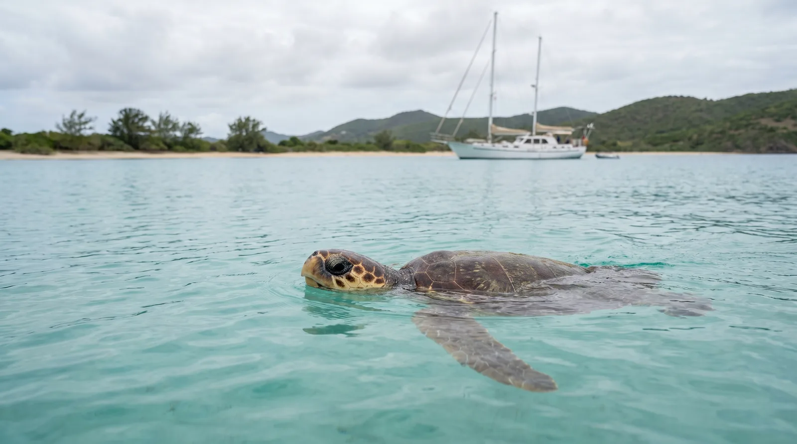 Tortuga marina justo bajo la superficie en agua clara, detrás un velero a distancia