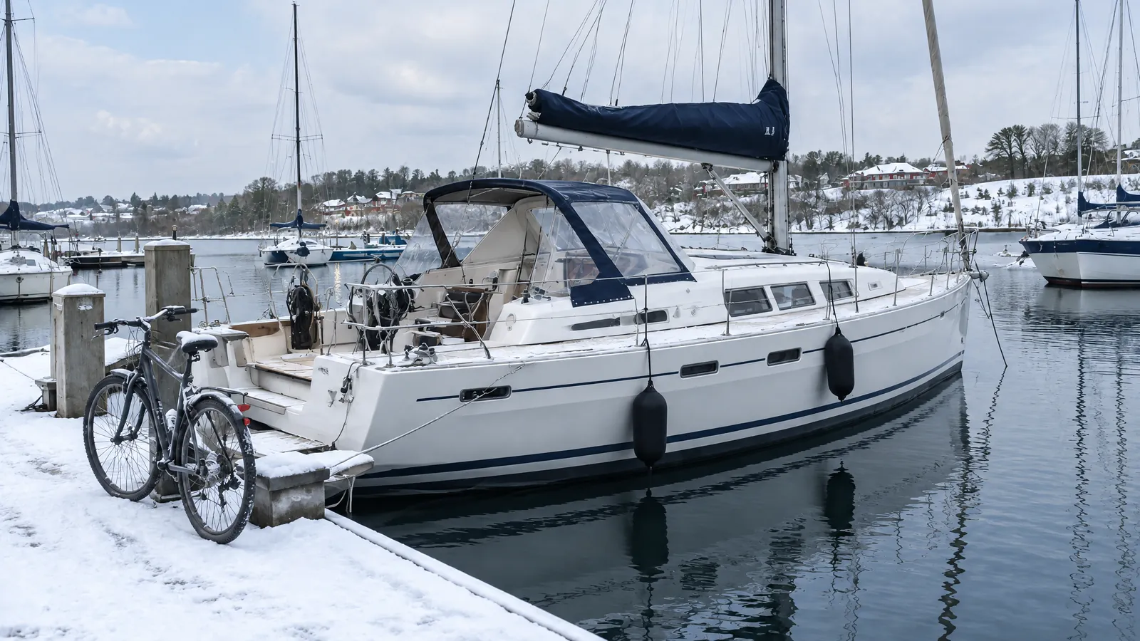 Un barco en puerto de invierno con luz cálida en la cabina y una bicicleta al lado