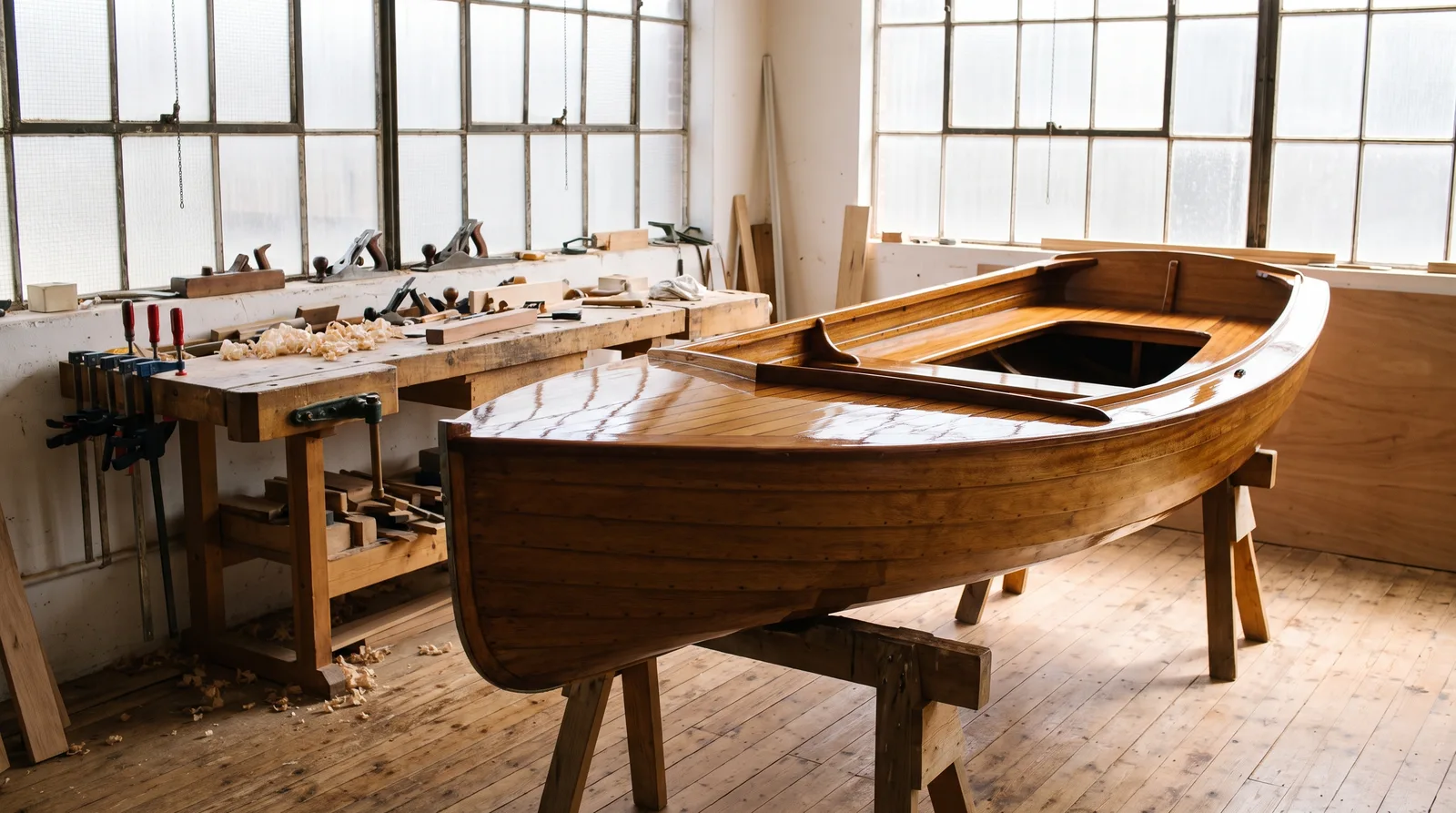 Barco de madera autoconstruido recién barnizado sobre caballetes en un taller luminoso