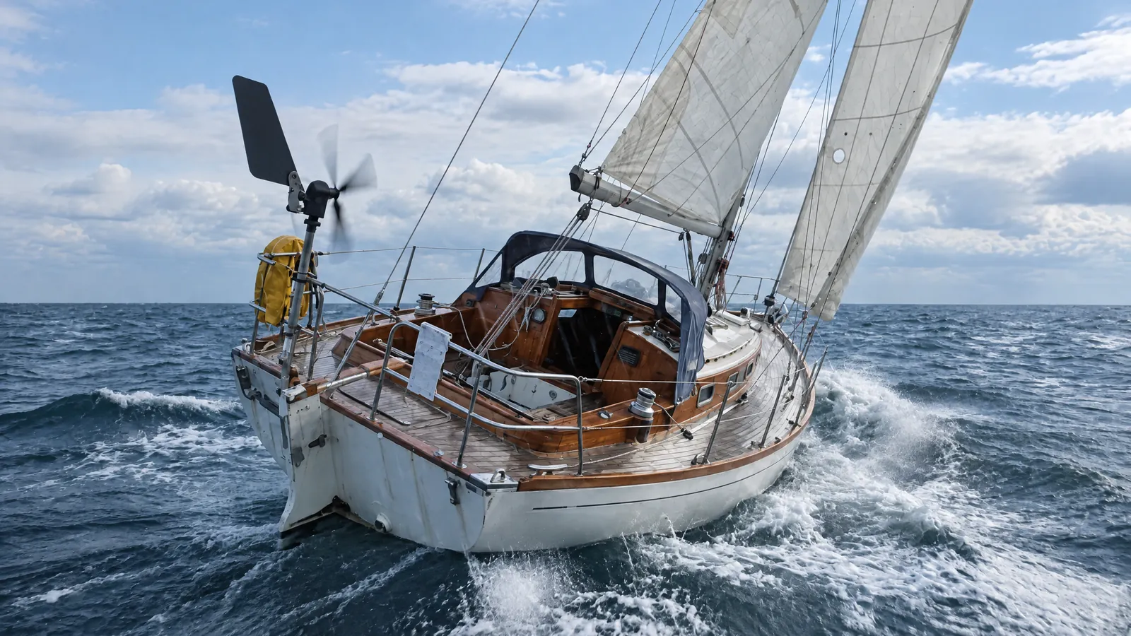 Un velero en el mar a plena luz del día con la bañera vacía y el piloto de viento gobernando