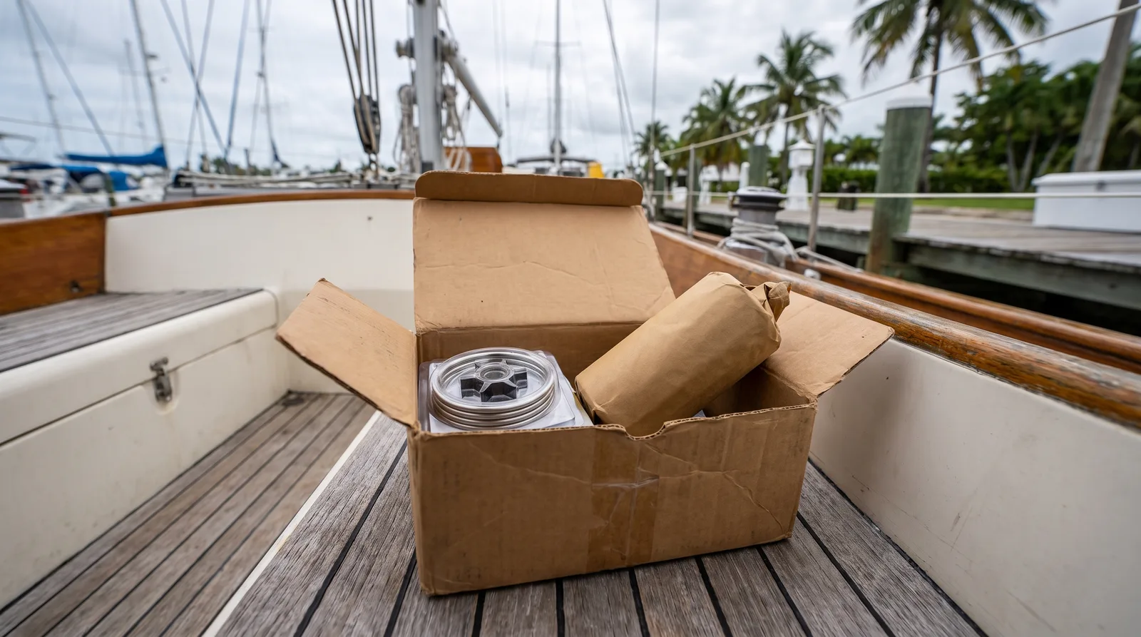 Paquete abierto con repuestos nuevos en la bañera de un velero de travesía