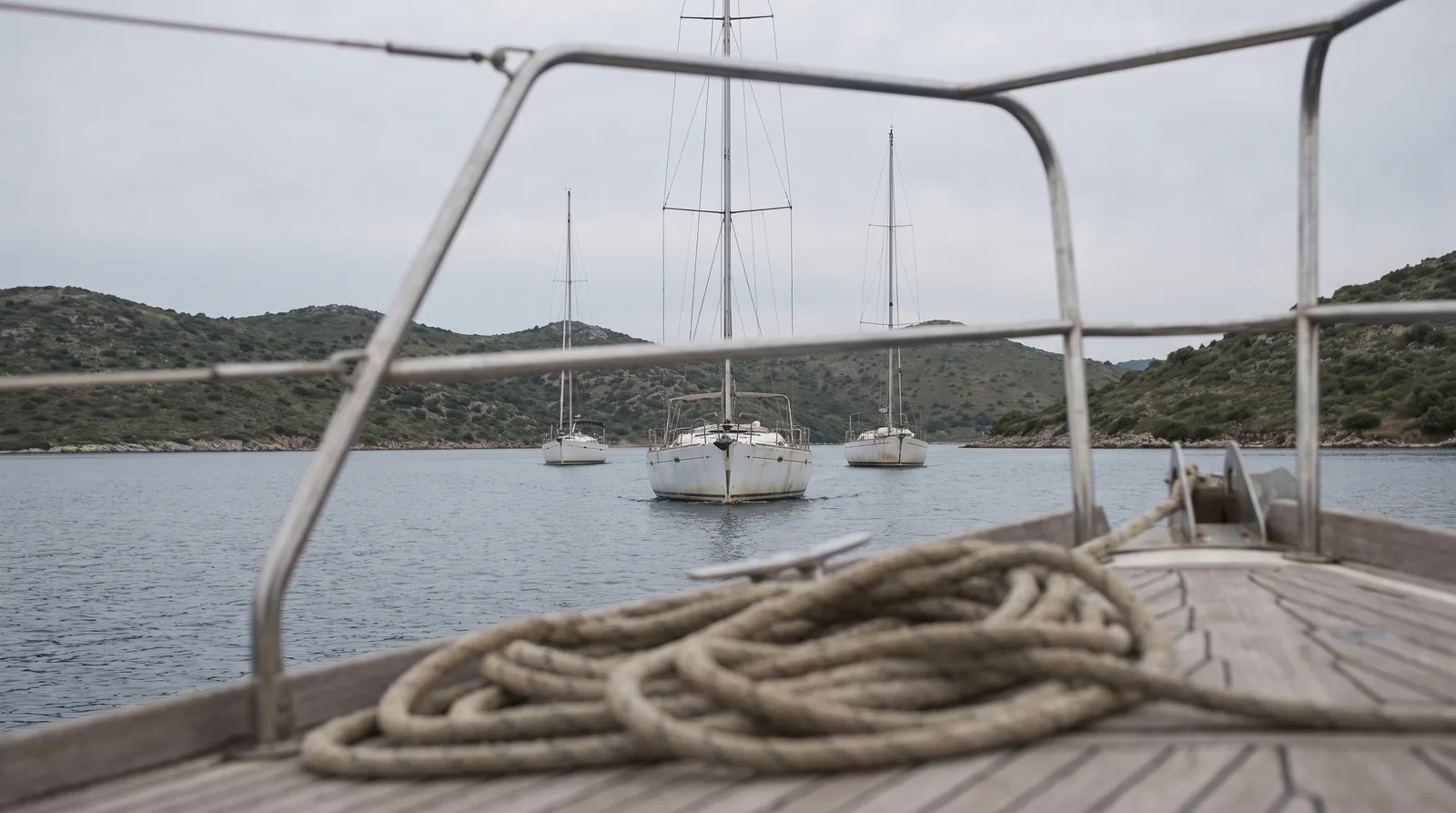 Tres veleros blancos navegan juntos por una cala tranquila, vistos desde el púlpito de proa de otro velero