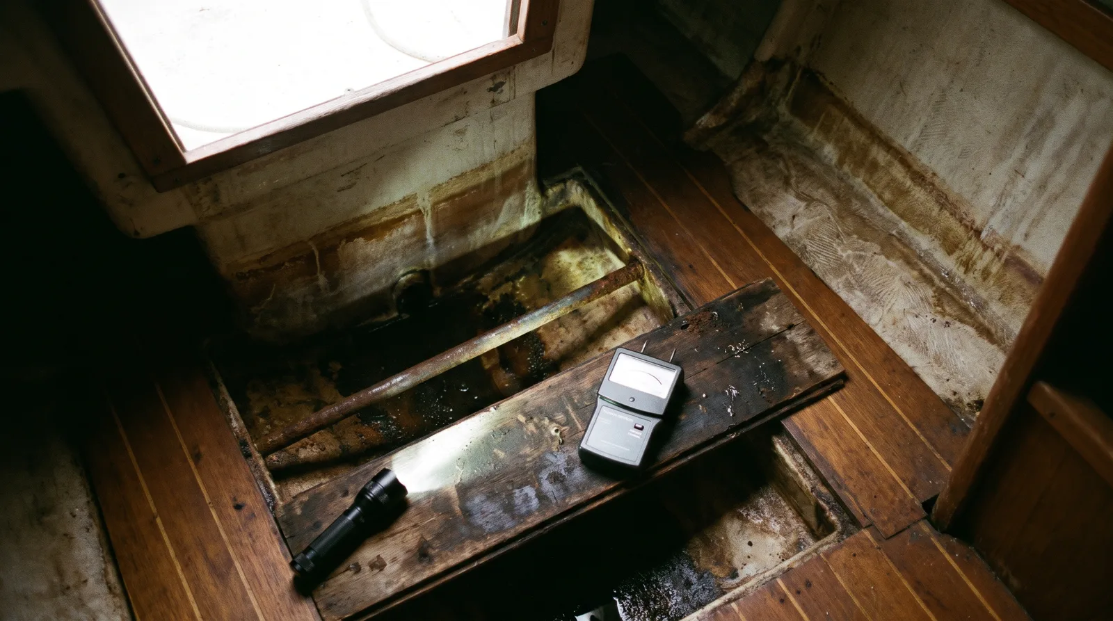 Tablas del suelo levantadas en un velero de ocasión, manchas oscuras de agua en el laminado de la sentina, encima un medidor de humedad y una linterna