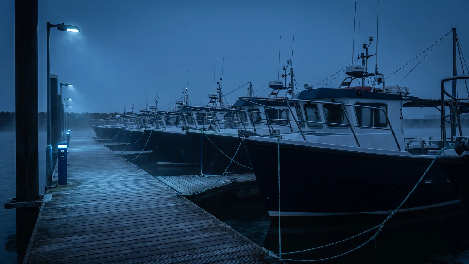 Una fila de barcos de chárter iguales amarrados a un pantalán al amanecer
