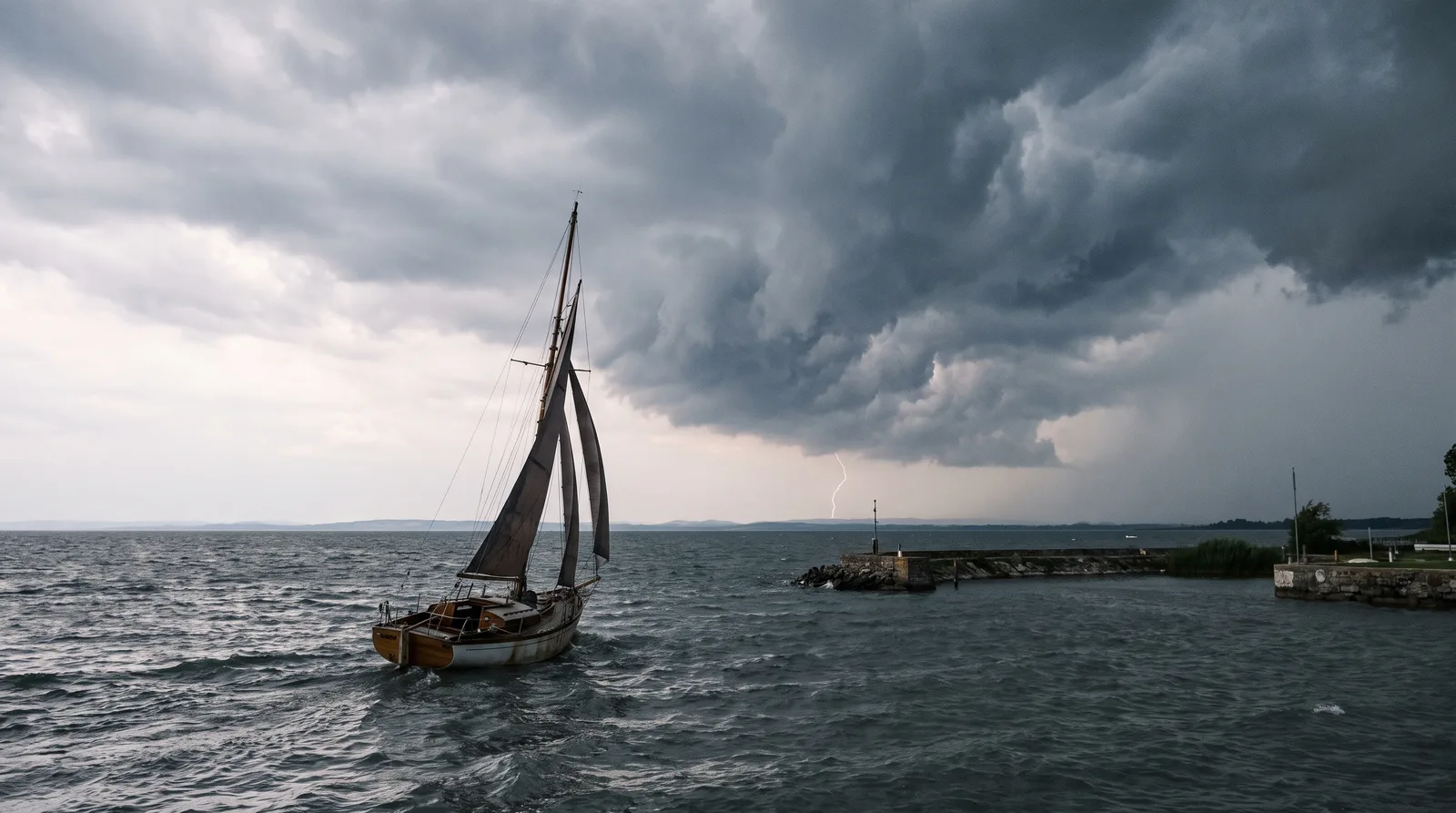 Nubes de tormenta y un rayo sobre un lago mientras un velero vuelve a puerto