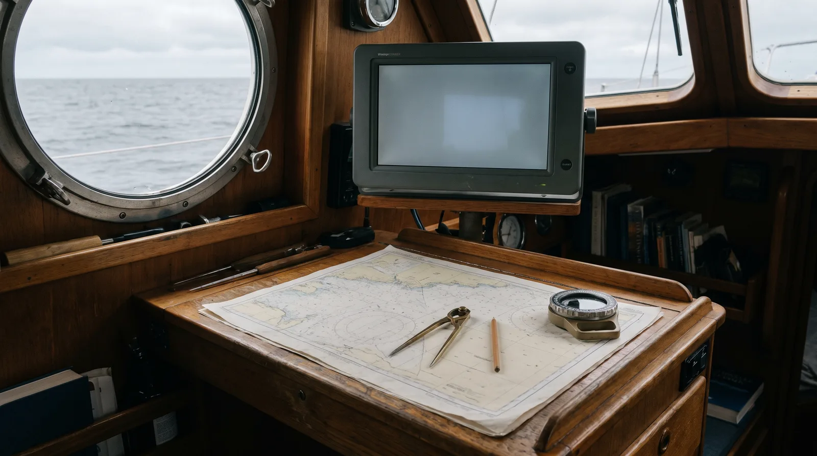 Carta náutica de papel con compás de puntas y compás de marcaciones en la mesa de cartas de un velero