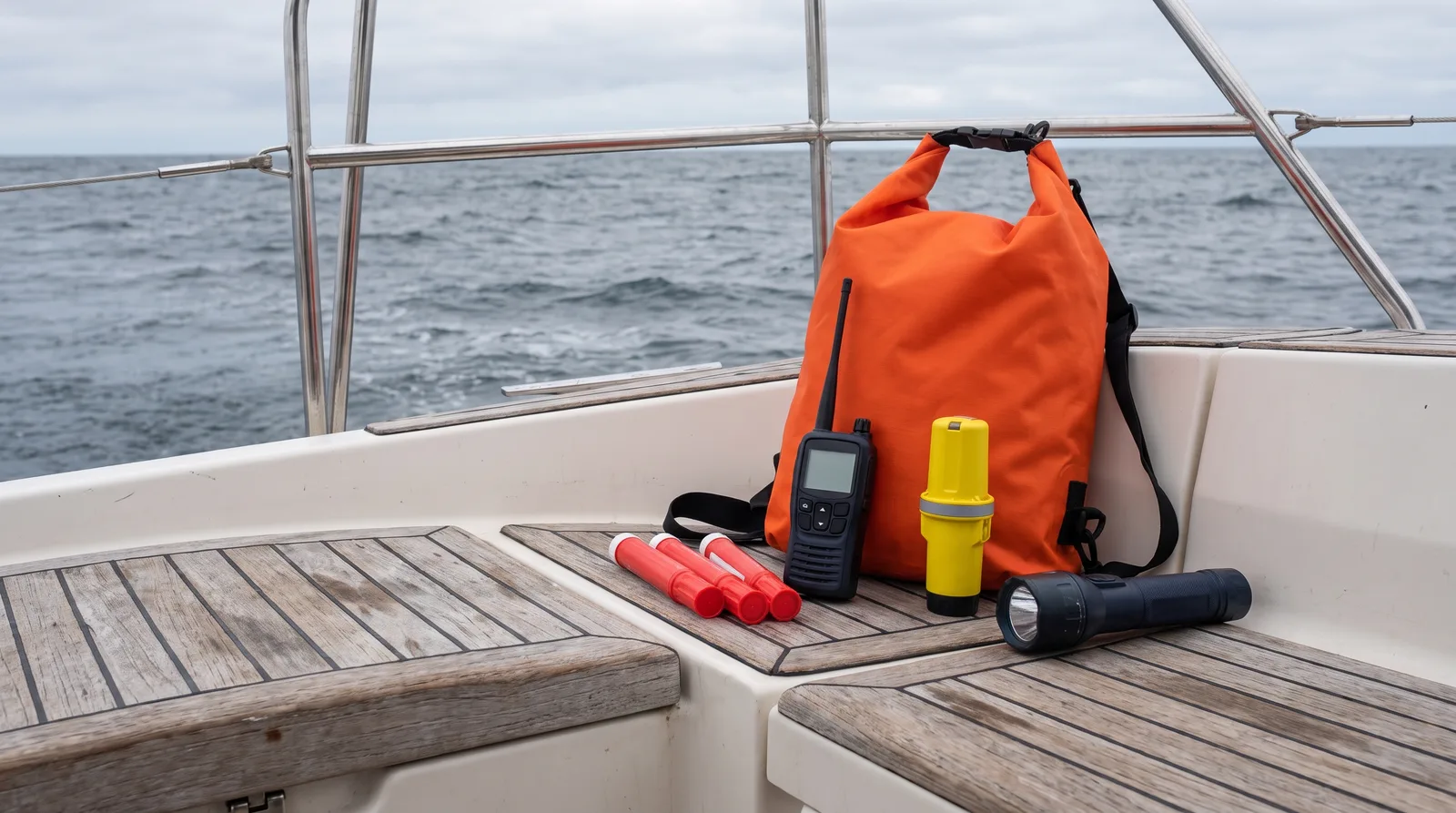 Bolsa de emergencia naranja con VHF portátil, radiobaliza, linterna y bengalas en la bañera