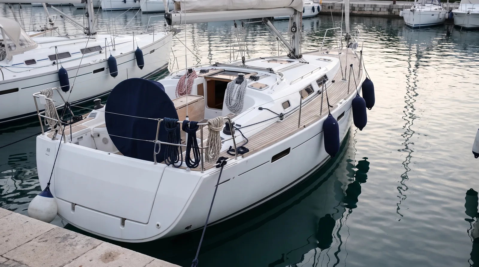 Velero bien cuidado amarrado al pantalán en un puerto tranquilo con luz de mañana